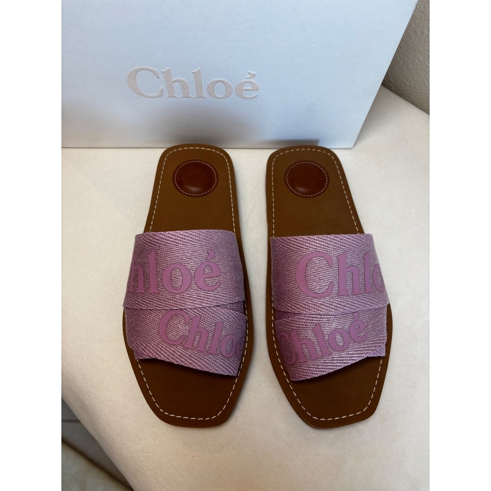Chloe Woody Flat Slide Sandals Purple Pink Canvas Logo Ribbon Square Toe Italy - Picture 5 of 9